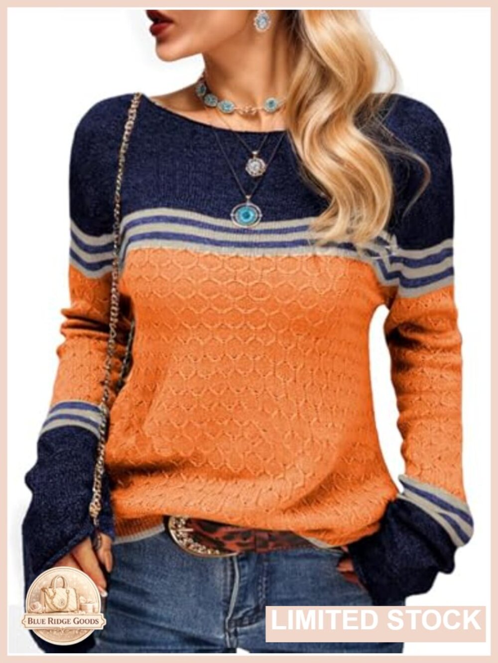Women's Lightweight Colorblock Crew Neck Pullover Sweater Long Sleeve